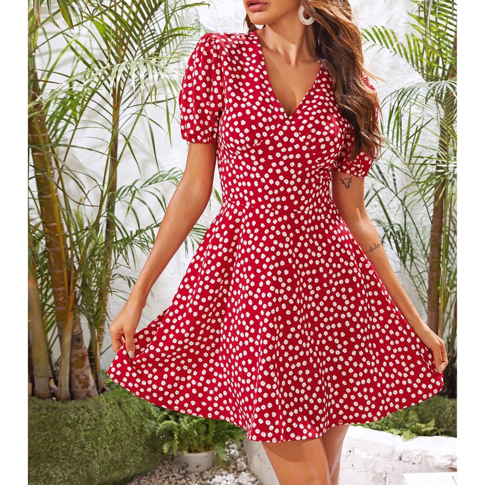 Red Ditsy Floral Puff Sleeve Fit & Flare Dress